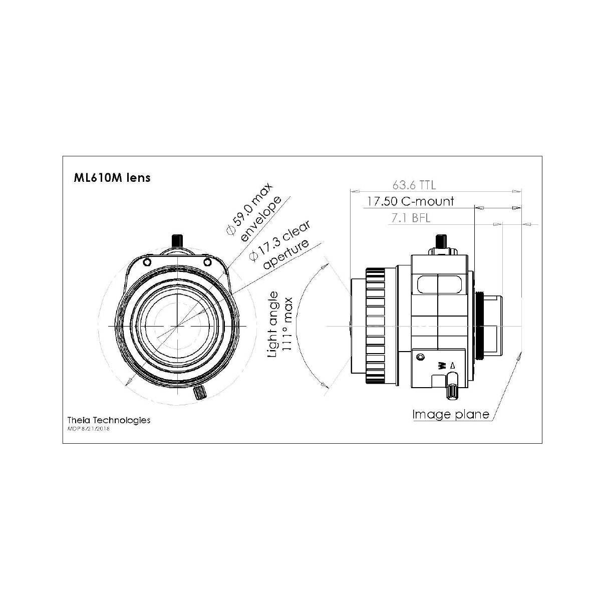 Zoom Lens, 6-10mm, 12MP/4K, 2/3in, f1.7-Close, Day/Night, Manual Iris, C Mount - Theia ML610M