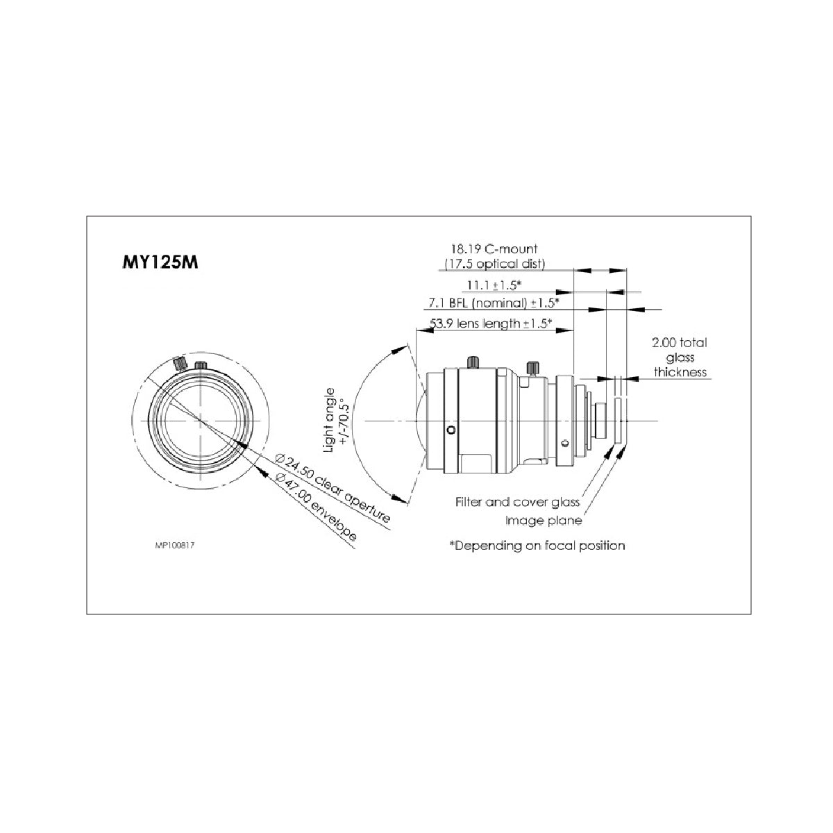 Low-Distortion Lens, 1.3mm, 5 MP, 1/2.5in, f/1.8-Close, Ultra-Wide, Manual Iris, C Mount - Theia MY125M