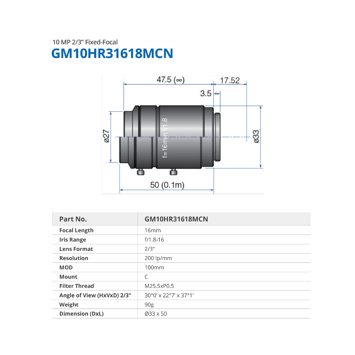 GOYO - GM10HR31618MCN, 16mm, 10MP, 2/3in, f/1.8-16, Fixed Focal Lens, C Mount
