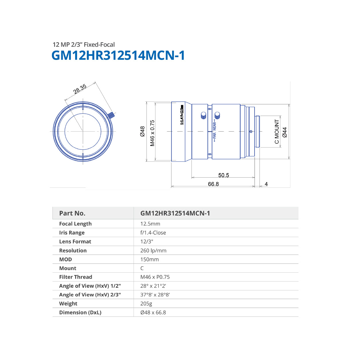 GOYO - GM12HR312514MCN, 12.5mm, 12MP, 2/3in, f/1.4-Close, Fixed Focal Lens, C Mount