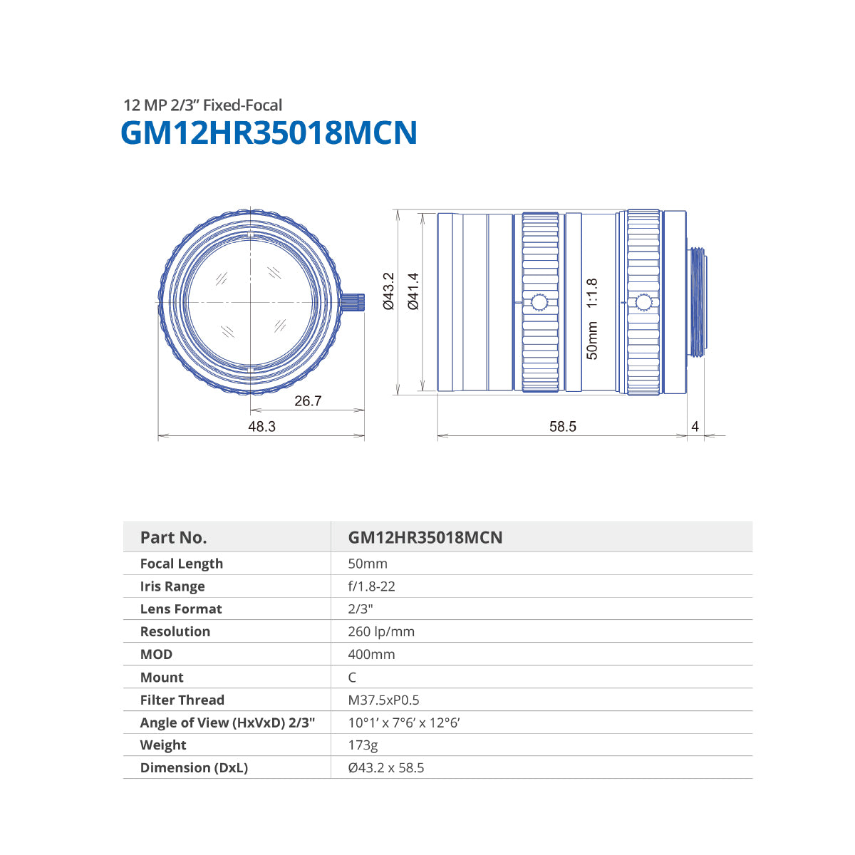 GOYO - GM12HR35018MCN, 50mm, 12MP, 2/3in, f/1.8-22, Fixed Focal Lens, C Mount