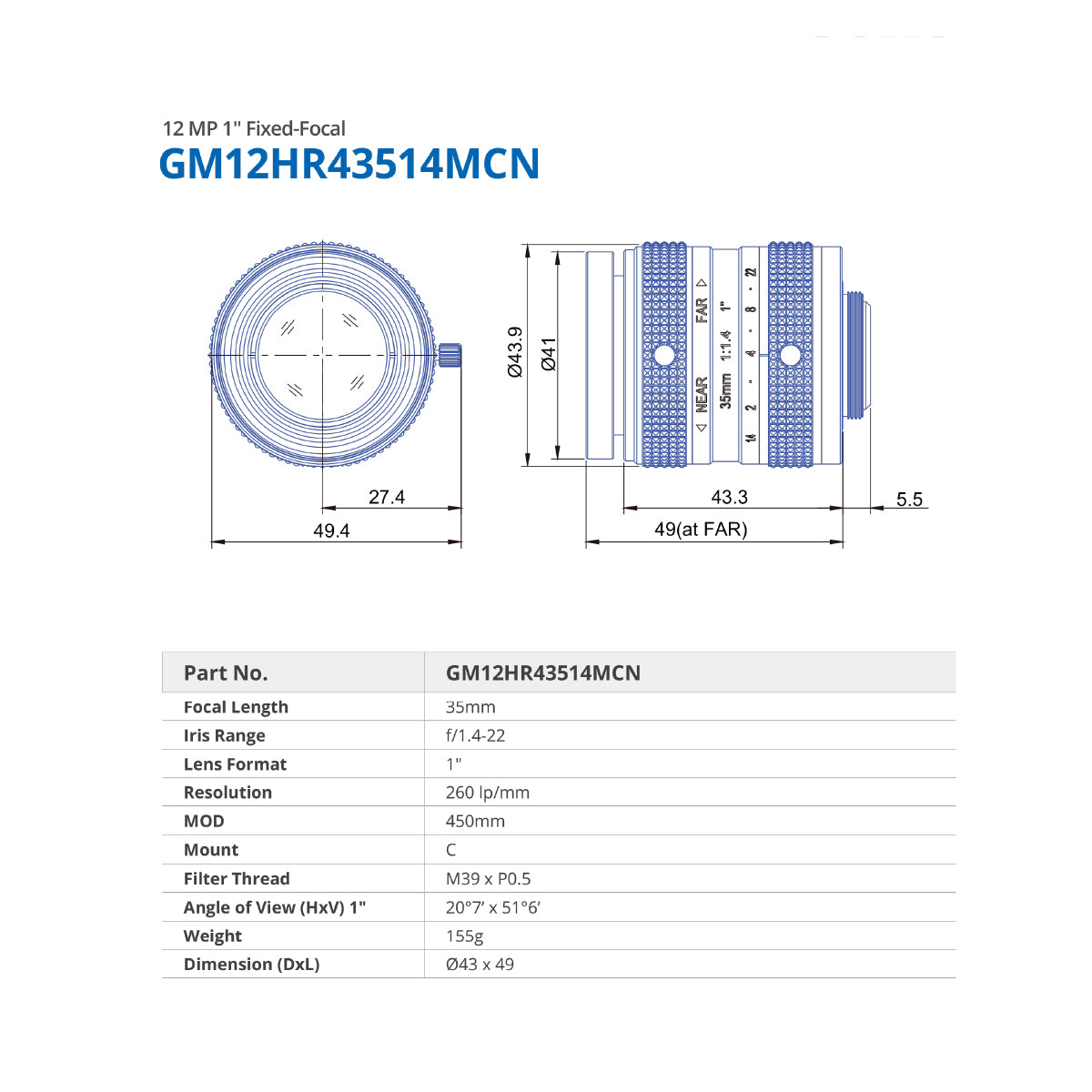 GOYO - GM12HR43514MCN, 35mm, 12MP, 1in, f/1.4-22, Fixed Focal Lens, C Mount
