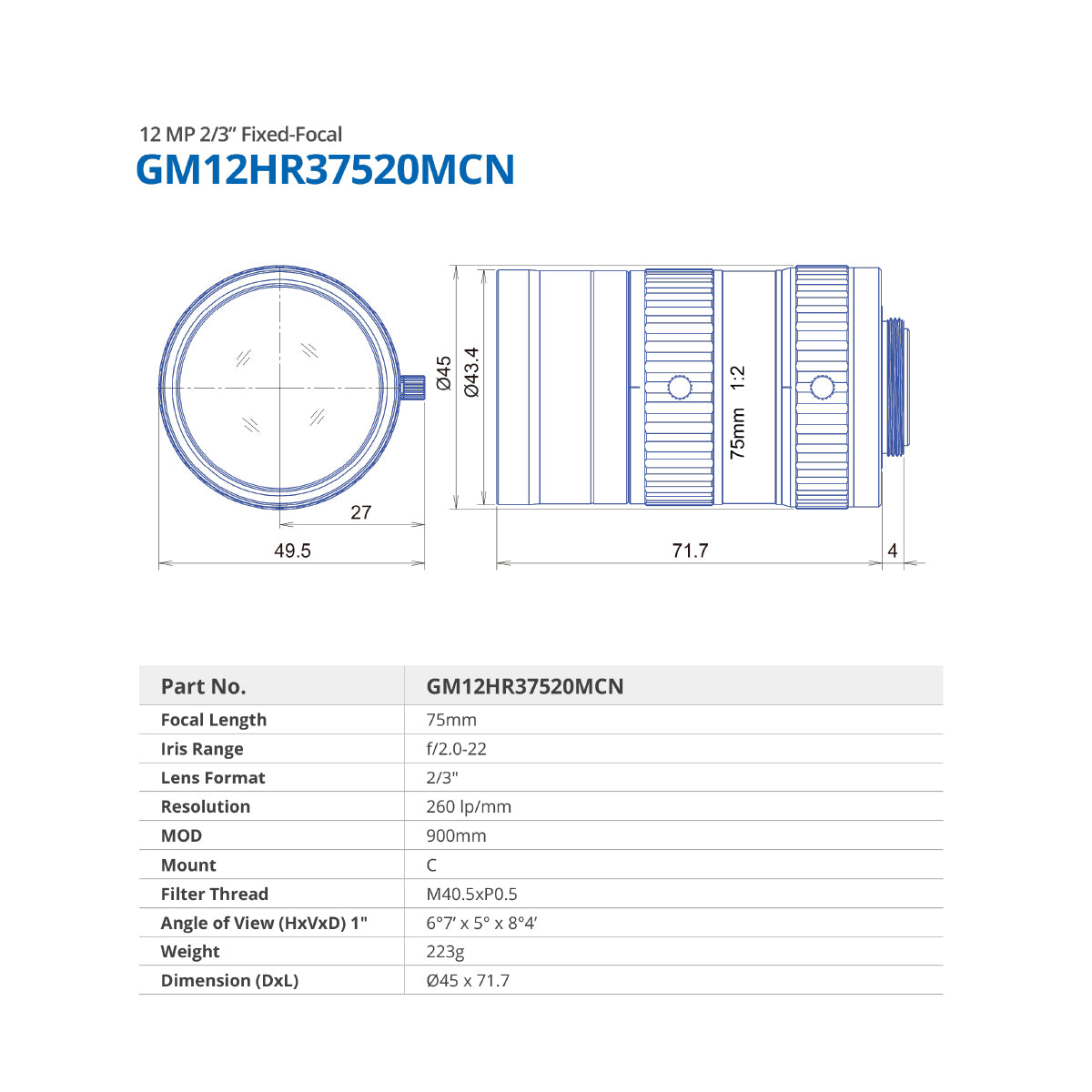 GOYO - GM12HR37520MCN, 75mm, 12MP, 2/3in, f/2-22, Fixed Focal Lens, C Mount