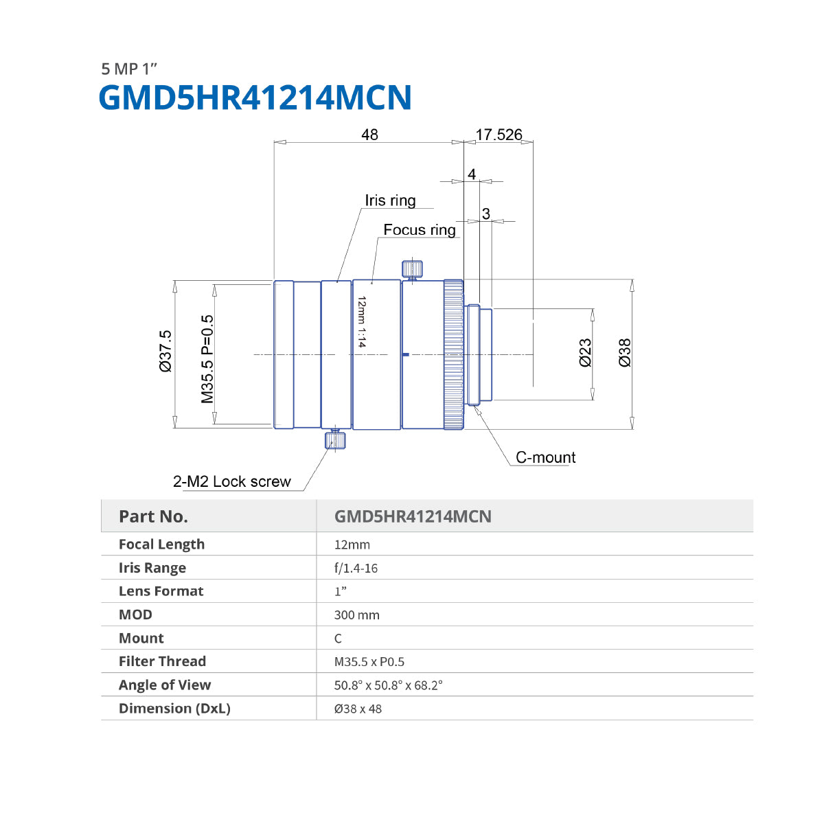 GOYO - GMD5HR41214MCN, 12mm, 5MP, 1in, f/1.4-16, Fixed Focal Lens, C Mount