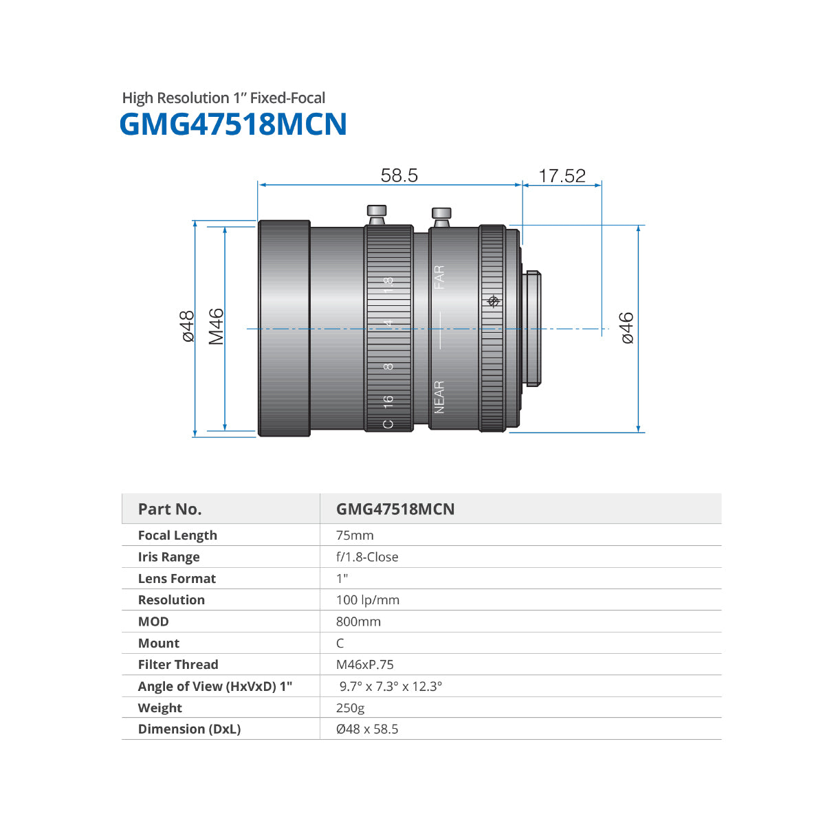 GOYO - GMG47518MCN, 75mm, 1in, f/1.8-Close, Fixed Focal Lens, C Mount