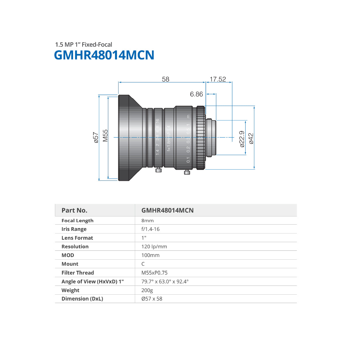 GOYO - GMHR48014MCN, 8mm, 1.5MP, 1in, f/1.4-16, Fixed Focal Lens, C Mount