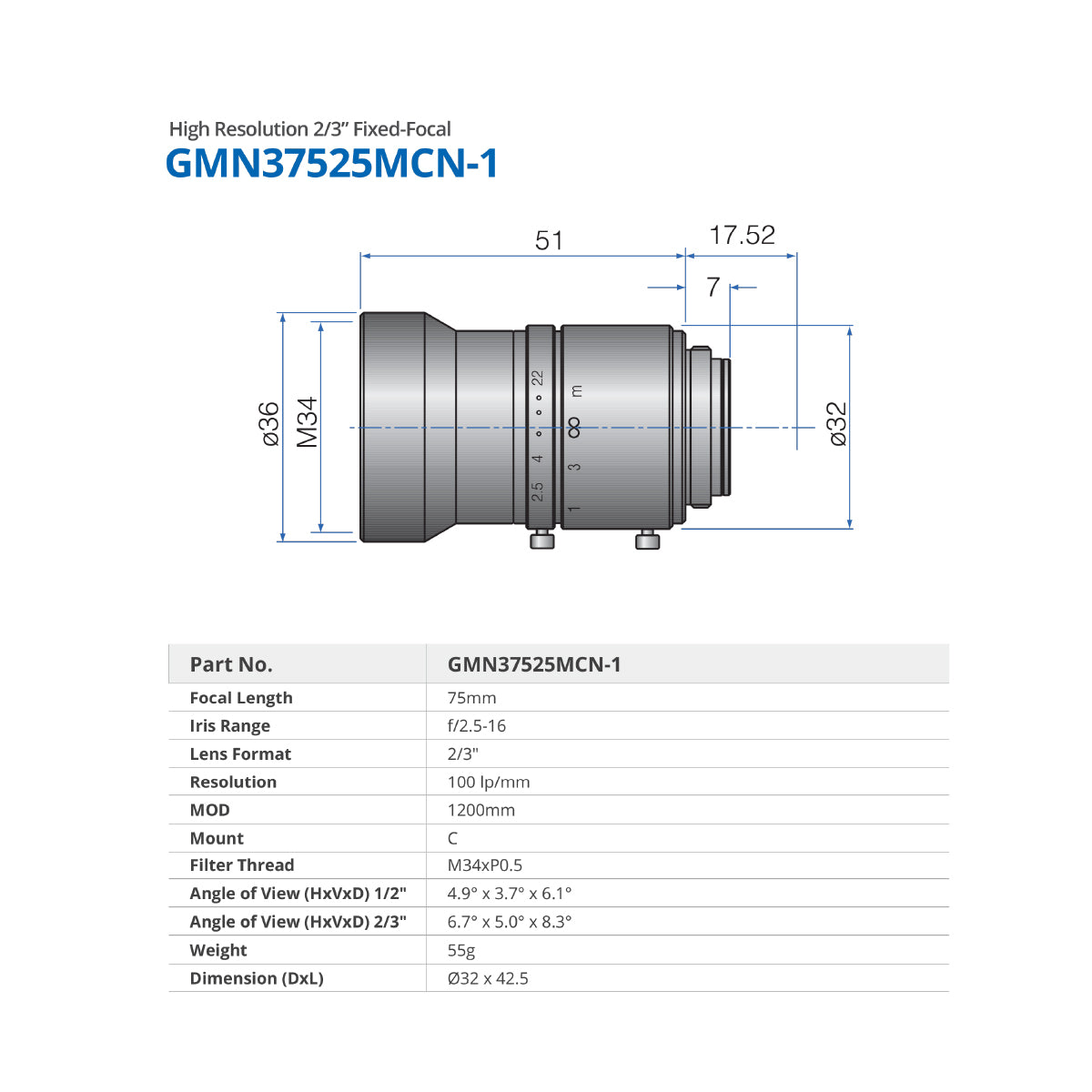 GOYO - GMN37525MCN-1, 1200mm, 2/3in, f/2.5-16, Fixed Focal Lens, C Mount