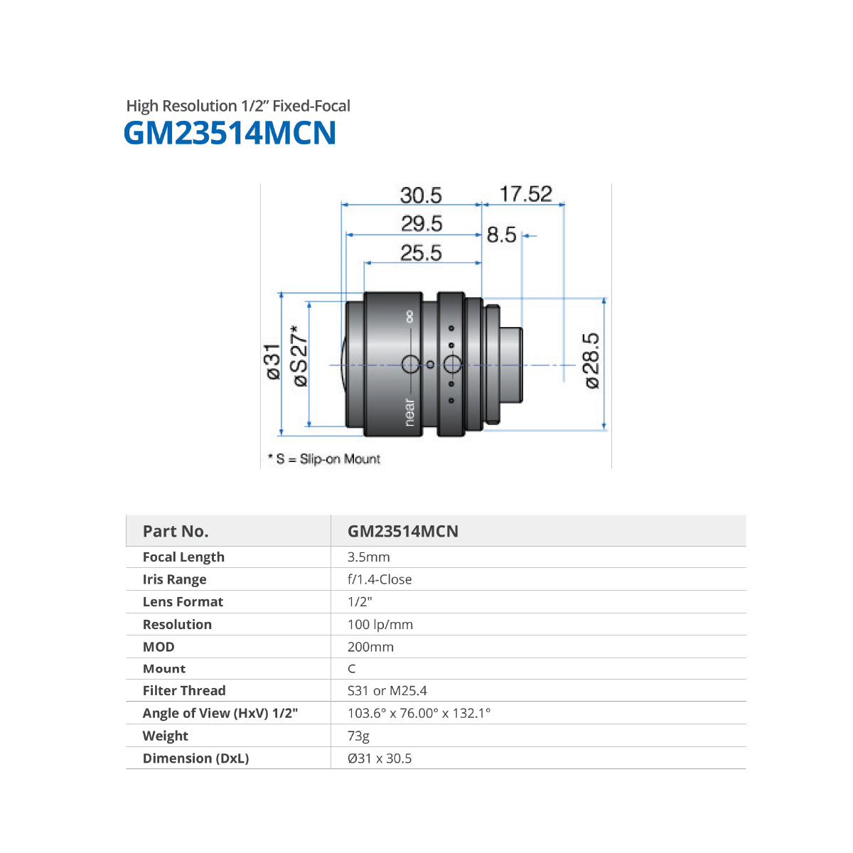 GOYO - GM23514MCN, 3.5mm, 1/2in, f/1.4-Close, Fixed Focal Lens, C Mount