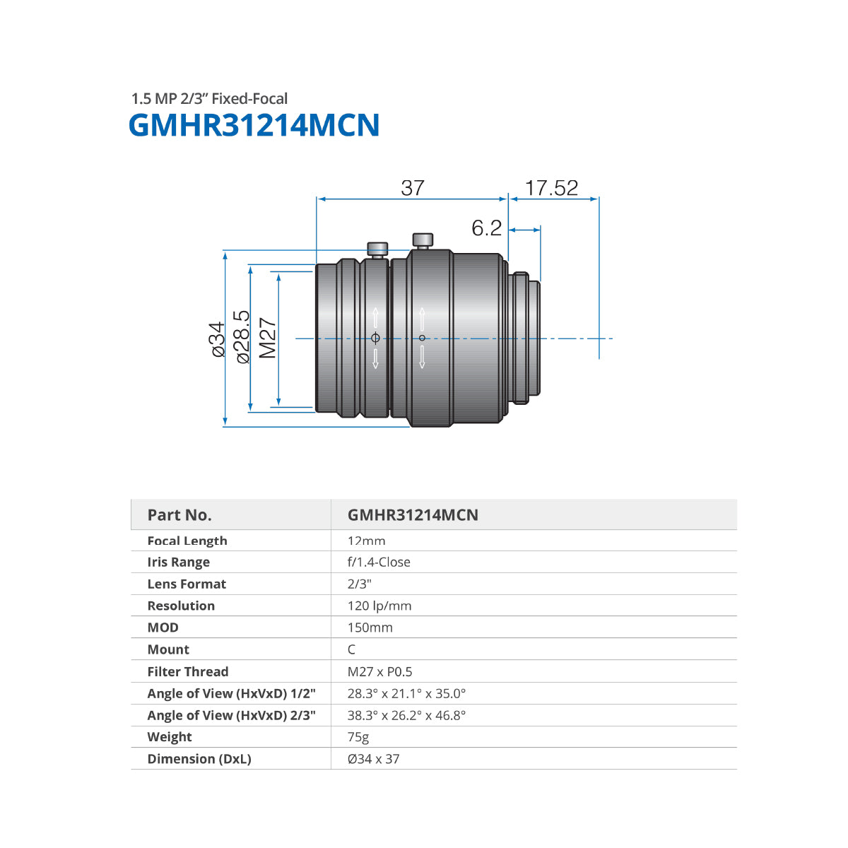 GOYO - GMHR31214MCN, 12mm, 1.5MP, 2/3in, f/1.4-Close, Fixed Focal Lens, C Mount