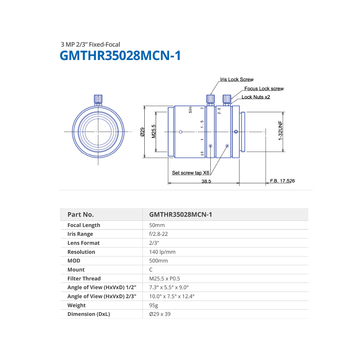 GOYO - GMTHR35028MCN-1, 50mm, 3MP, 2/3in, f/2.8-22, Fixed Focal Lens, C Mount
