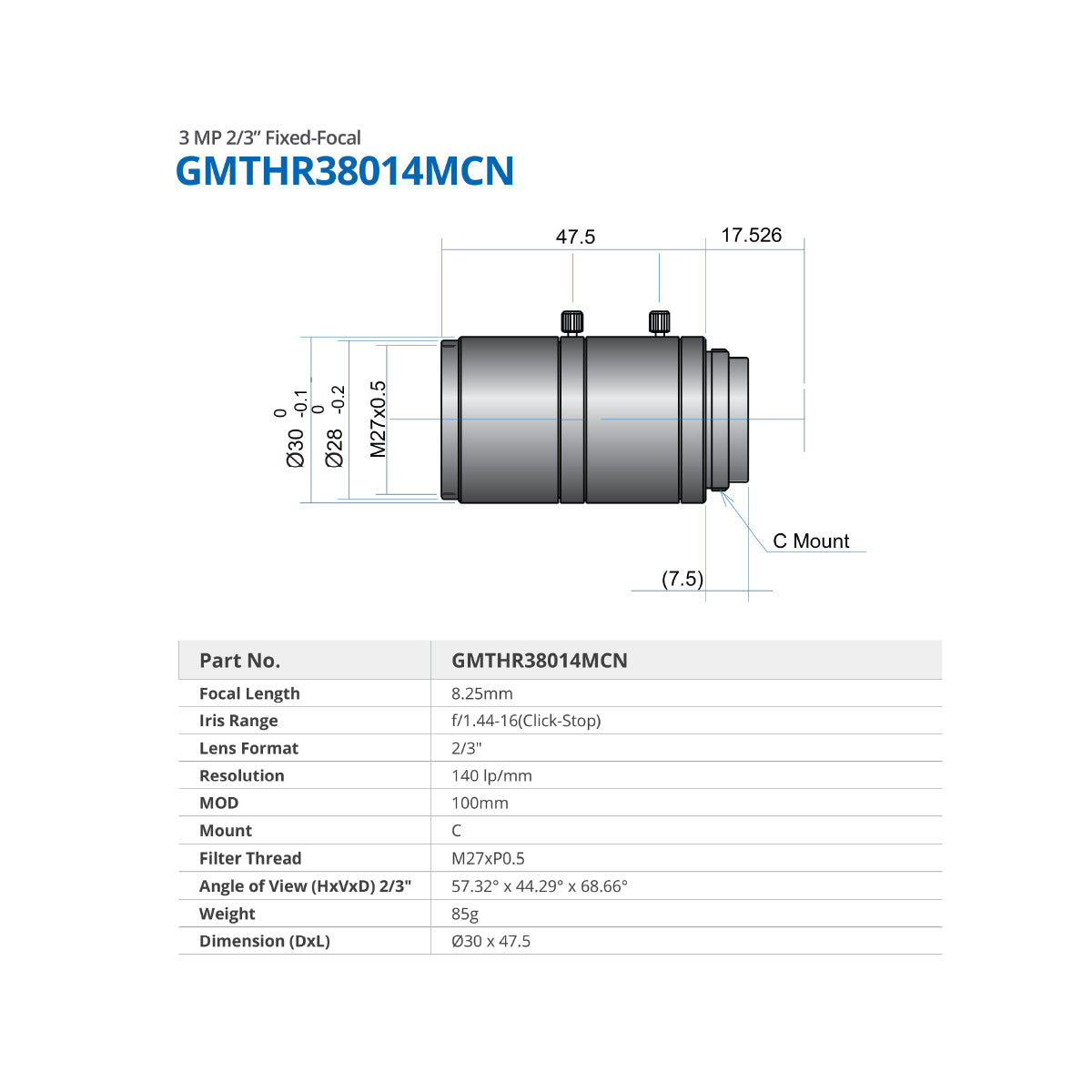 GOYO - GMTHR38014MCN, 8.25mm, 3MP, 2/3in, f/1.45-16, Fixed Focal Lens, C Mount