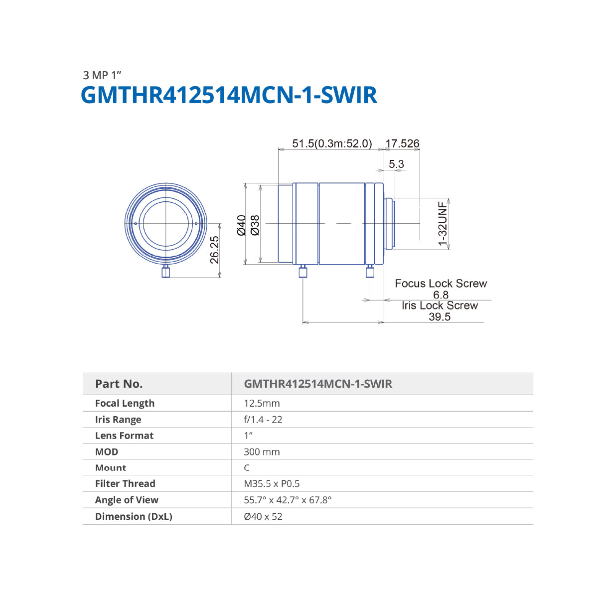 GOYO - GMTHR412514MCN-1-SWIR, 12.5mm, 1in, f/1.4-22, Fixed Focal Lens, C Mount