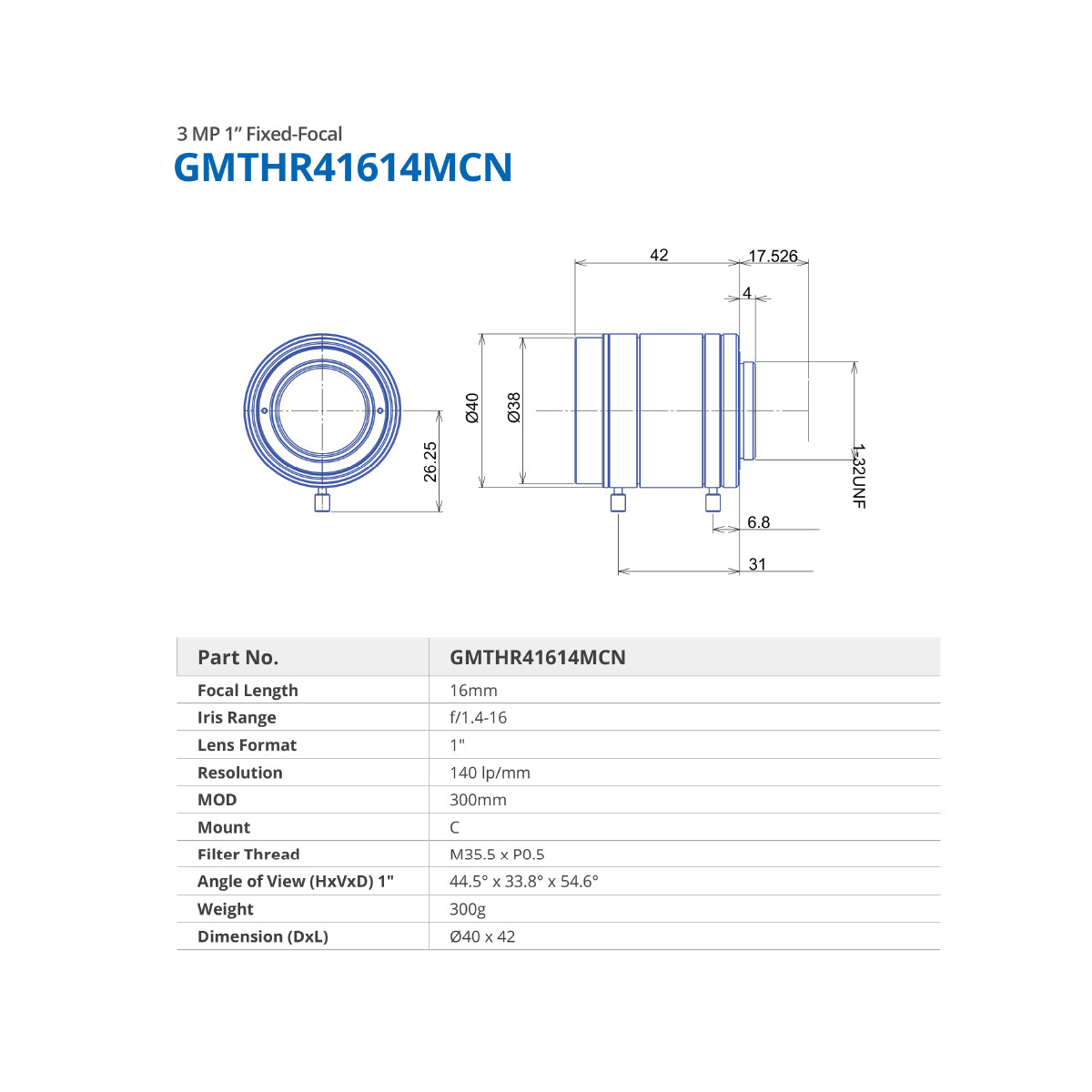 GOYO - GMTHR41614MCN, 16mm, 3MP, 1in, f/1.4-22, Fixed Focal Lens, C Mount