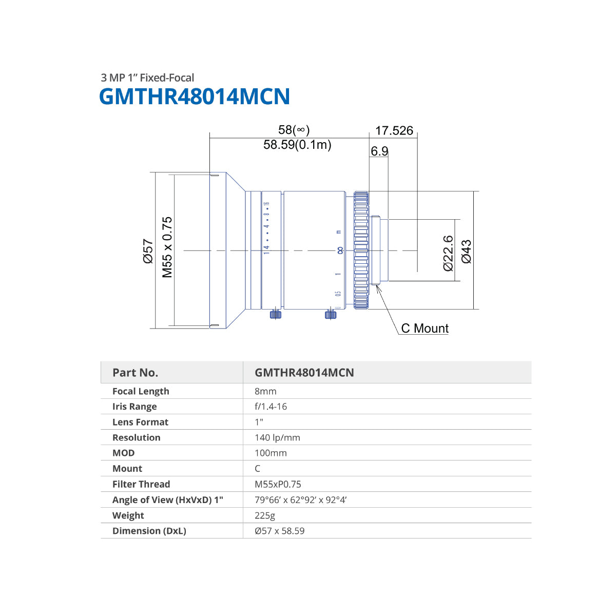 GOYO - GMTHR48014MCN, 8mm, 3MP, 1in, f/1.4-16, Fixed Focal Lens, C Mount