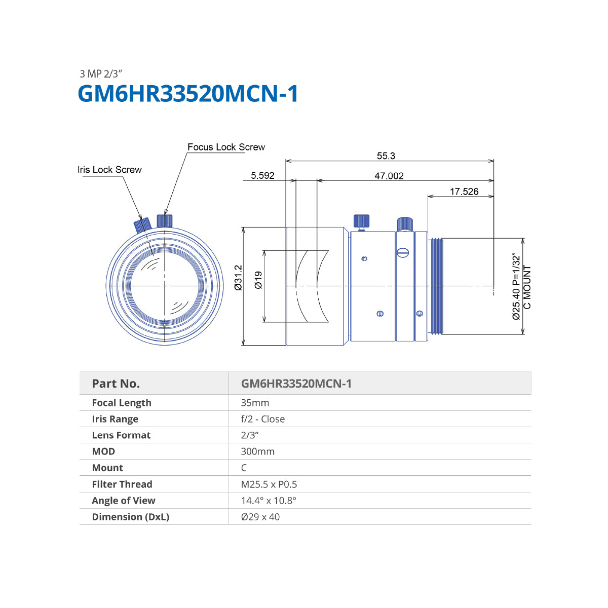 GOYO - GM6HR33520MCN-1, 35mm, 6MP, 2/3in, f/2-Close, Fixed Focal Lens, C Mount