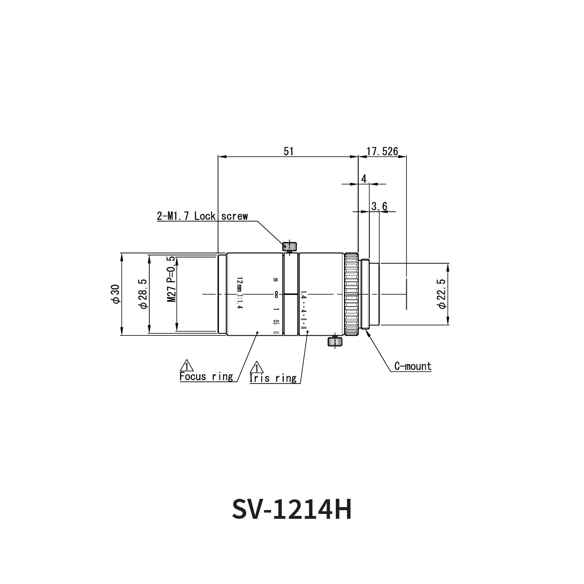 Fixed Focal Lens, 12mm, 5MP, 2/3in, f/1.4, C-Mount, SV-H Series – VS Technology SV-1214H