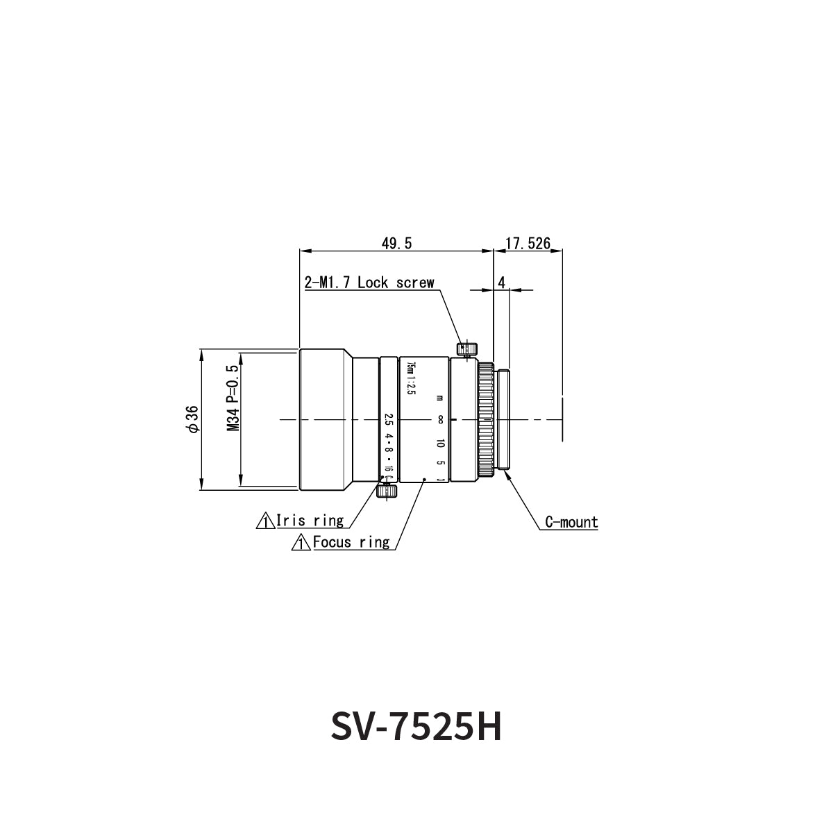 Fixed Focal Lens, 75mm, 5MP, 1in, f/2.5, C-Mount, SV-H Series – VS Technology SV-7525H