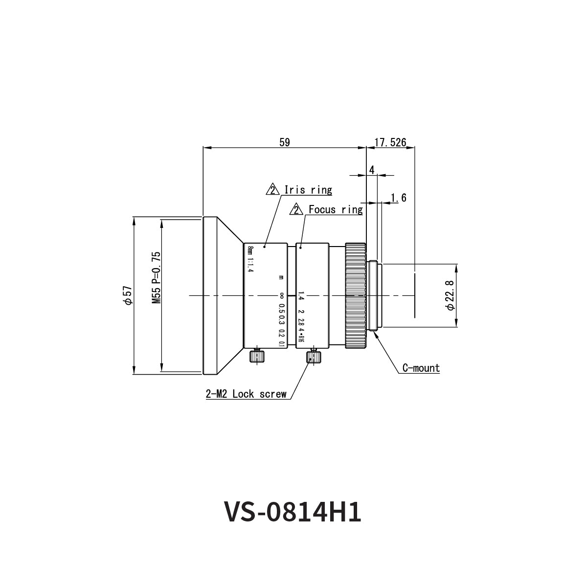 Fixed Focal Lens, 8mm, 5MP, 1in, f/1.4, C-Mount, VS-H1 Series – VS Technology VS-0814H1