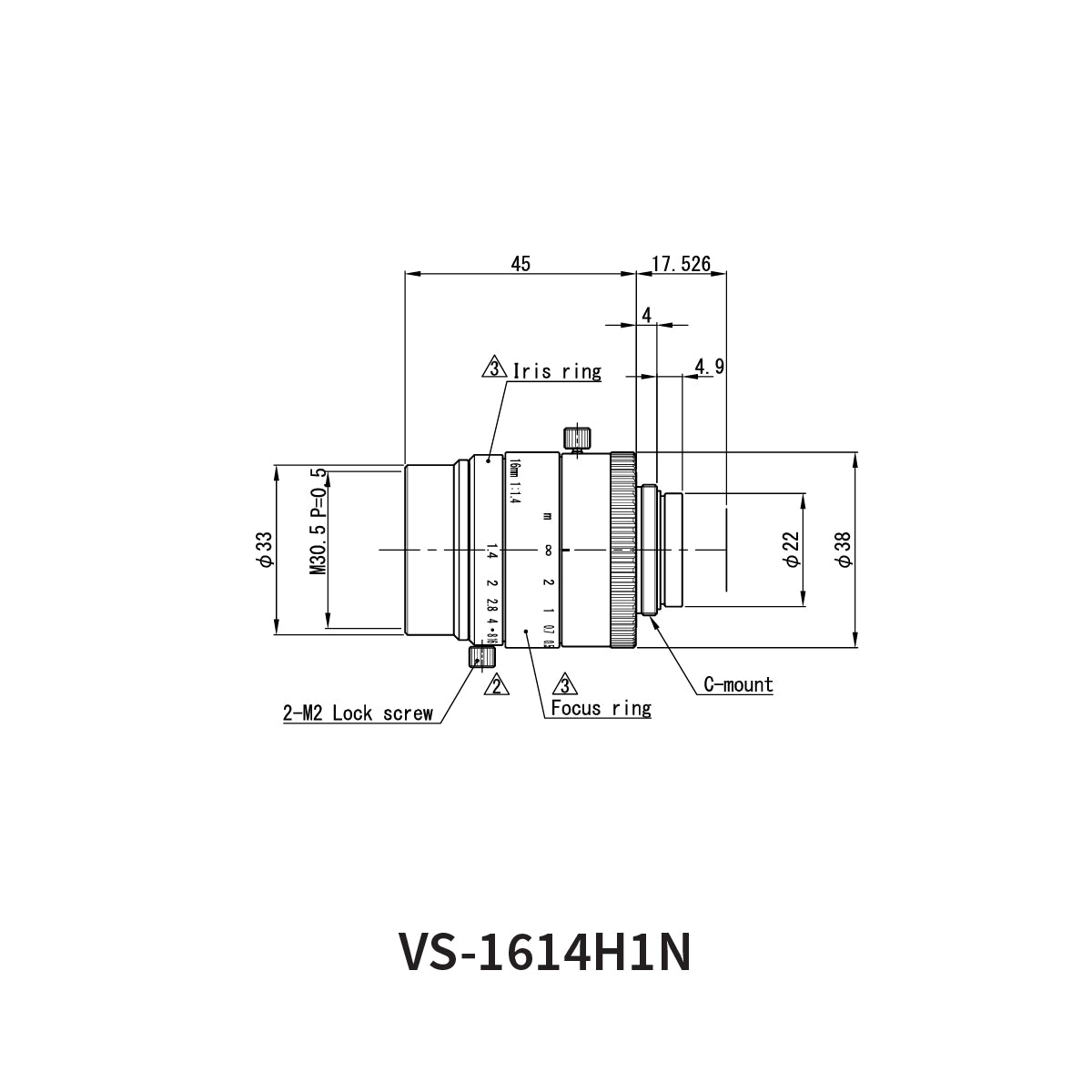 Fixed Focal Lens, 16mm, 5MP, 1in, f/1.4, C-Mount, VS-H1 Series – VS Technology VS-1614H1N