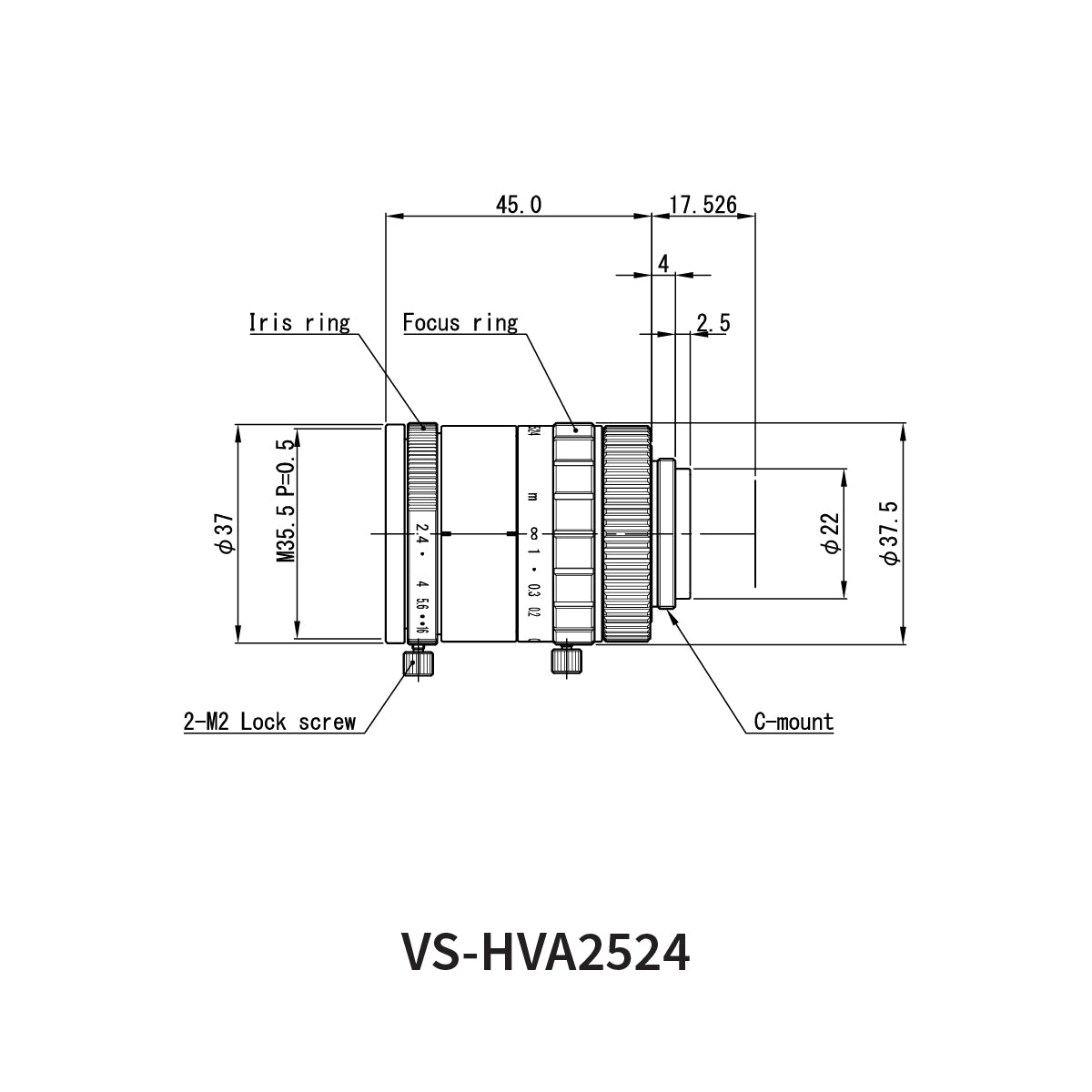 Fixed Focal Lens, 25mm, 12MP, 1.1in, f/2.4, C-Mount, VS-HVA Series – VS Technology VS-HVA2524