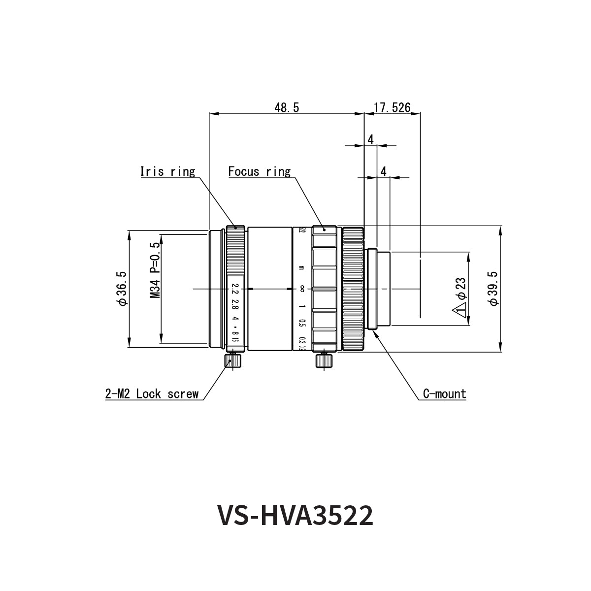 Fixed Focal Lens, 35mm, 12MP, 1.1in, f/2.2, C-Mount, VS-HVA Series – VS Technology VS-HVA3522