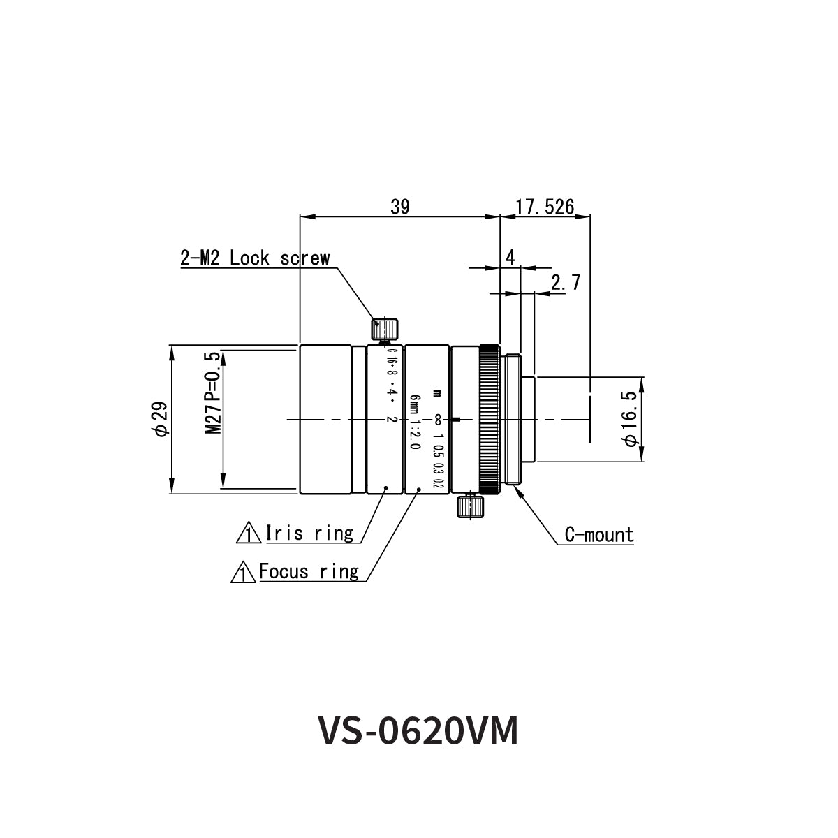 Fixed Focal Lens, 6mm, 2.2MP, 1/1.8in, f/2.0, C-Mount, VS-VM Series – VS Technology VS-0620VM