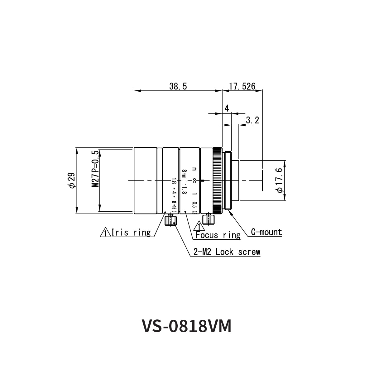 Fixed Focal Lens, 8mm, 2.2MP, 1/1.8in, f/1.8, C-Mount, VS-VM Series – VS Technology VS-0818VM