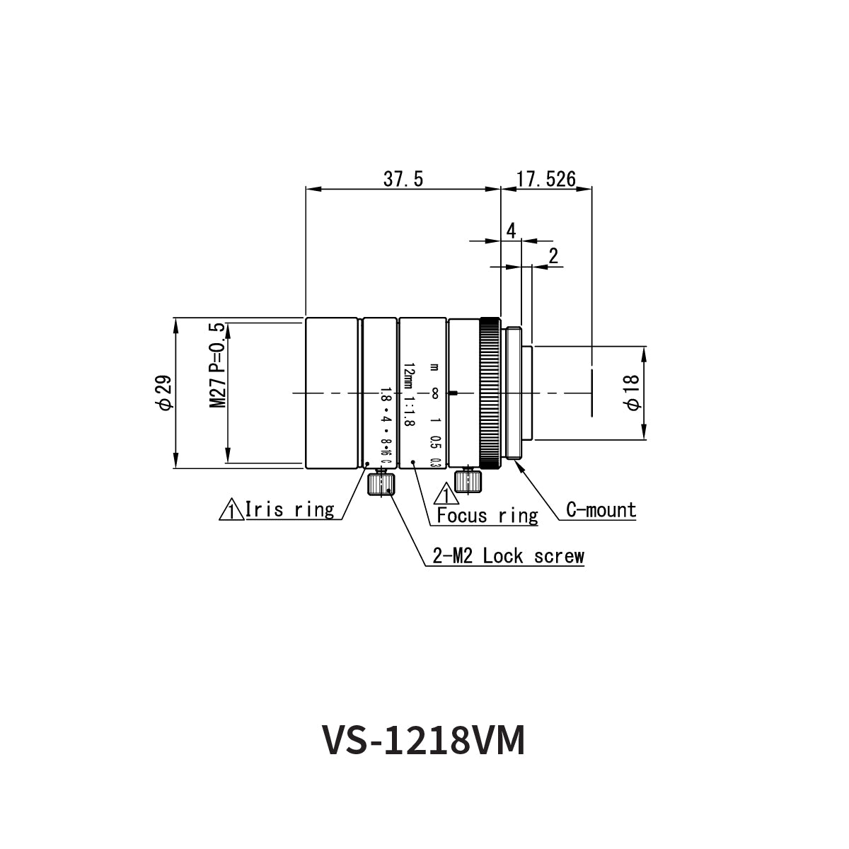 Fixed Focal Lens, 12mm, 2.2MP, 1/1.8in, f/1.8, C-Mount, VS-VM Series – VS Technology VS-1218VM
