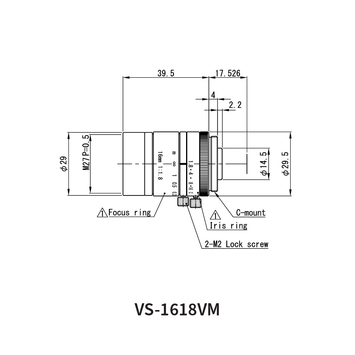 Fixed Focal Lens, 16mm, 2.2MP, 1/1.8in, f/1.8, C-Mount, VS-VM Series – VS Technology VS-1618VM