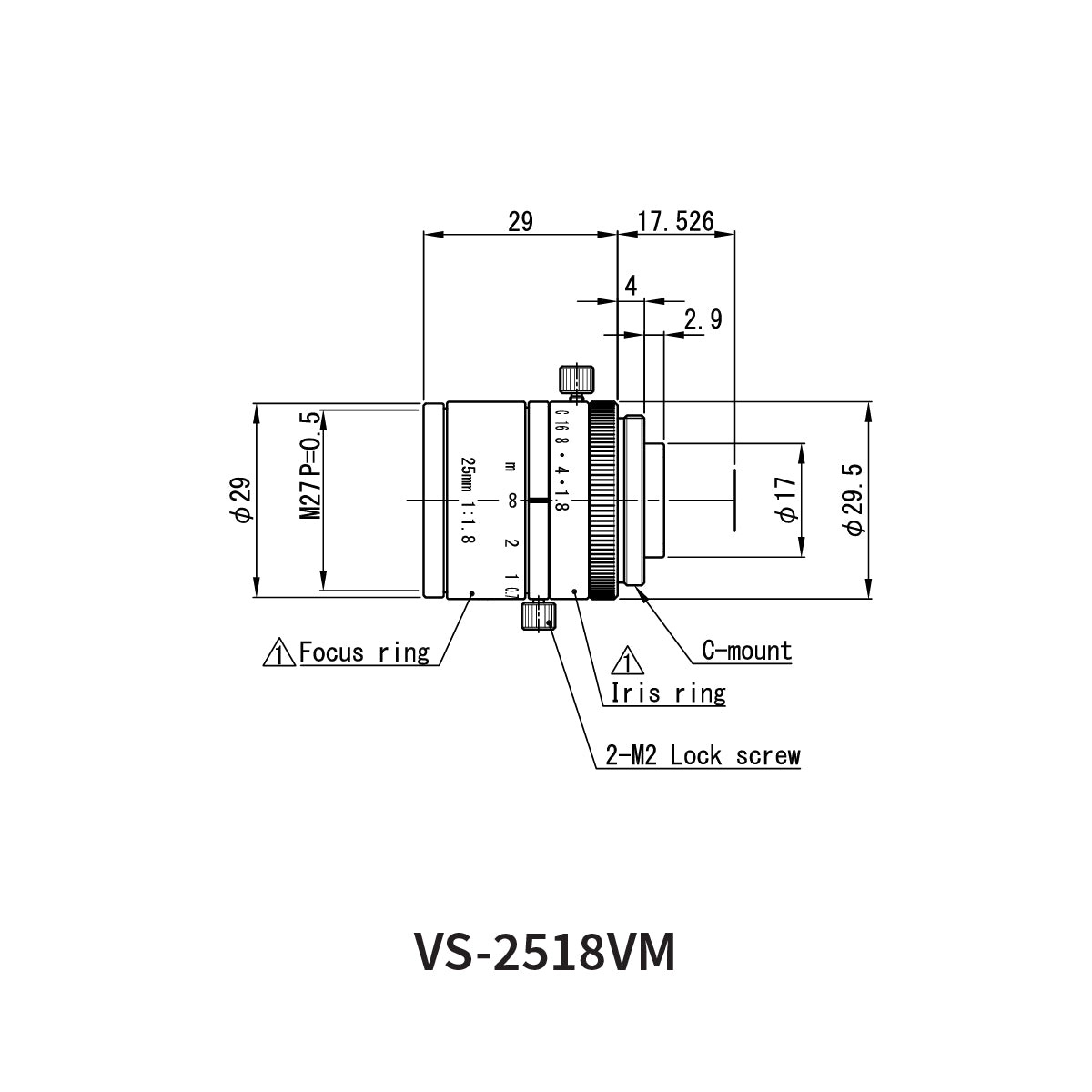 Fixed Focal Lens, 25mm, 2.2MP, 1/1.8in, f/1.8, C-Mount, VS-VM Series – VS Technology VS-2518VM