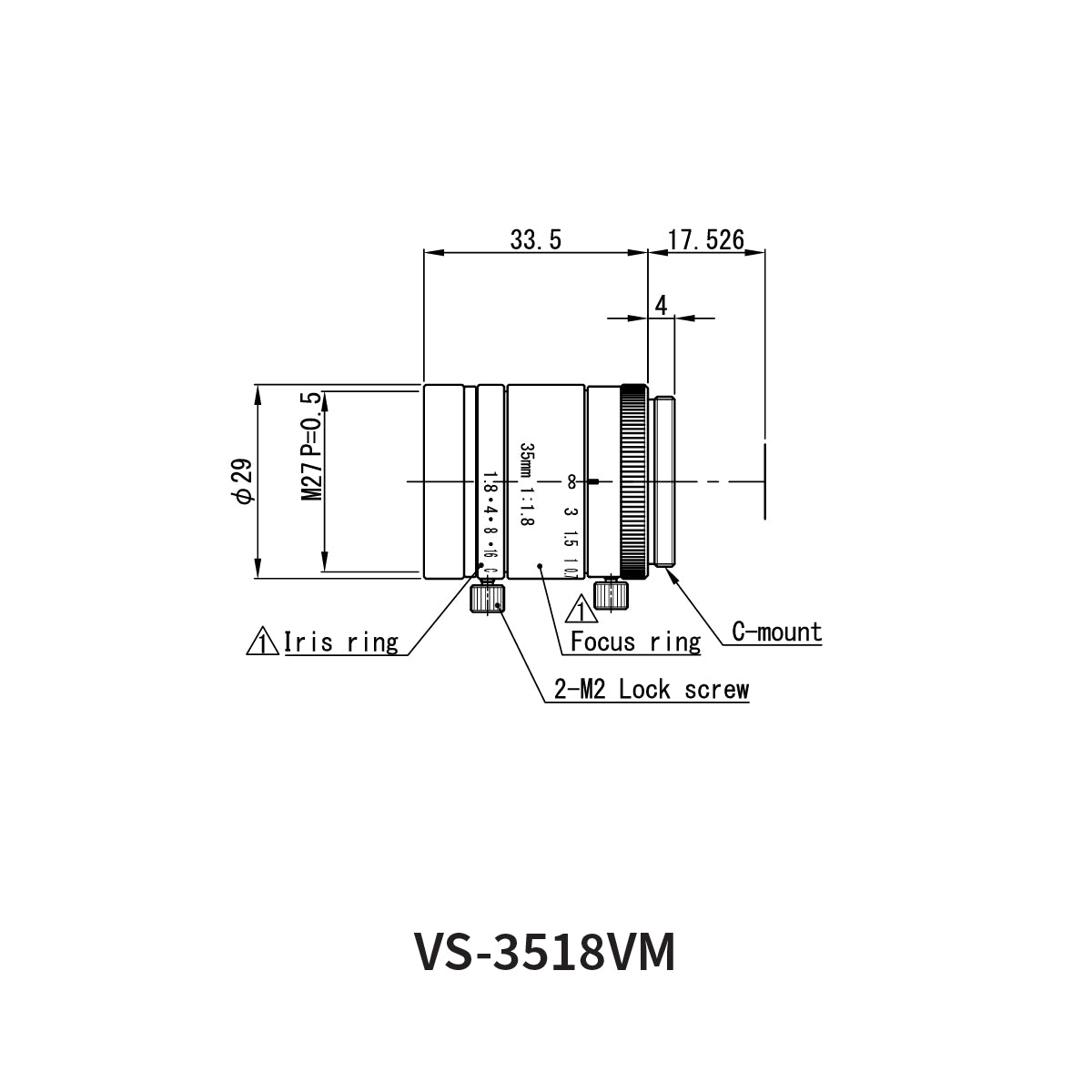 Fixed Focal Lens, 35mm, 2.2MP, 2/3in, f/1.8, C-Mount, VS-VM Series – VS Technology VS-3518VM