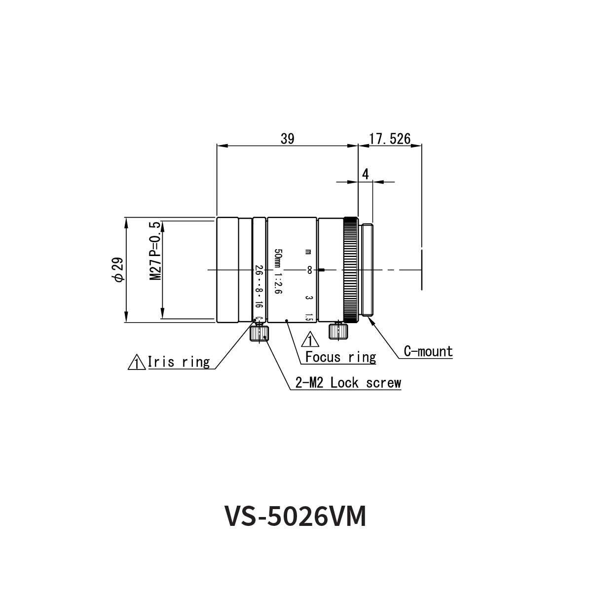 Fixed Focal Lens, 50mm, 2.2MP, 2/3in, f/2.6, C-Mount, VS-VM Series – VS Technology VS-5026VM